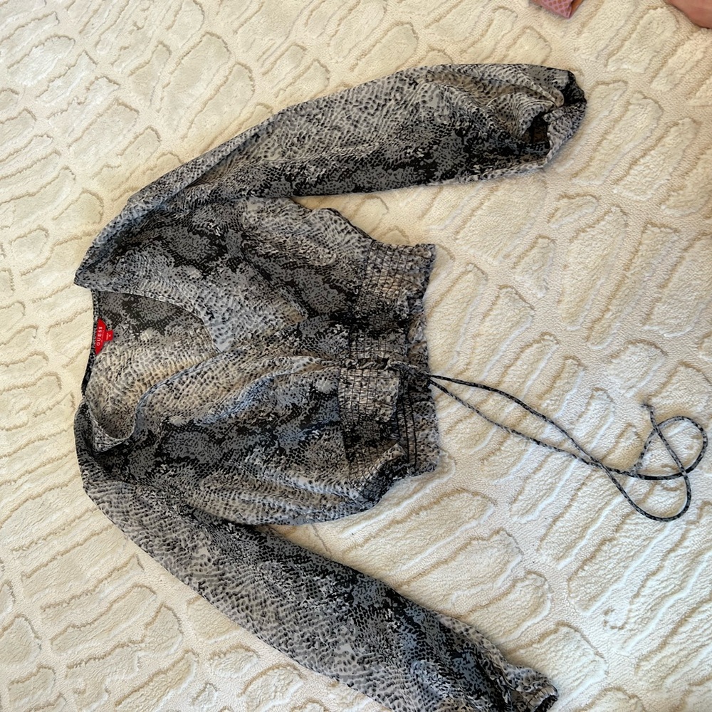 Snakeskin Print sheer blouse with Tie Closure
